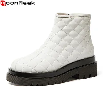 

MoonMeek 2020 Genuine leather boots square heels round toe comfortable ladies shoes autumn winter black white color ankle boots