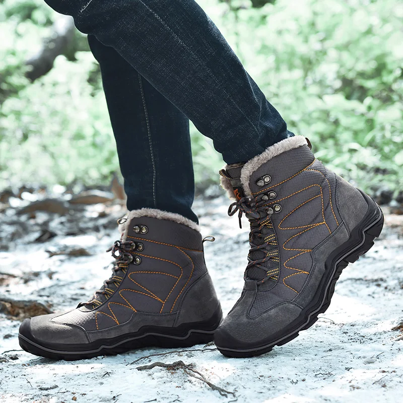 

Suede Leather With Waterproof Cloth Men Boots Vintage Lace Up Winter Shoes Men Quality Plush Fur Outdoor Ankle Snow Boots