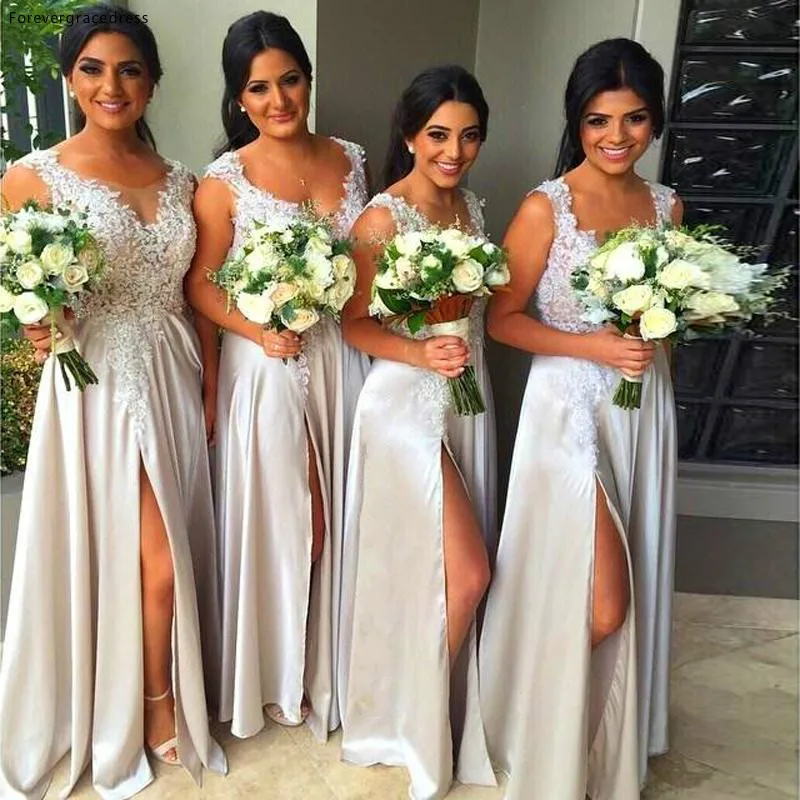 2016 Fancy New Bridesmaid Dresses Illusion Neck Gray Silver Long Floor Length For Wedding Lace Appliques Side Split Prom Evening Gowns 96