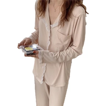

Pajamas Women Onesize Fits-all Spring Summer Long-sleeved Trousers Lapel Cotton Blended Casual Comfortable Warm Home Service