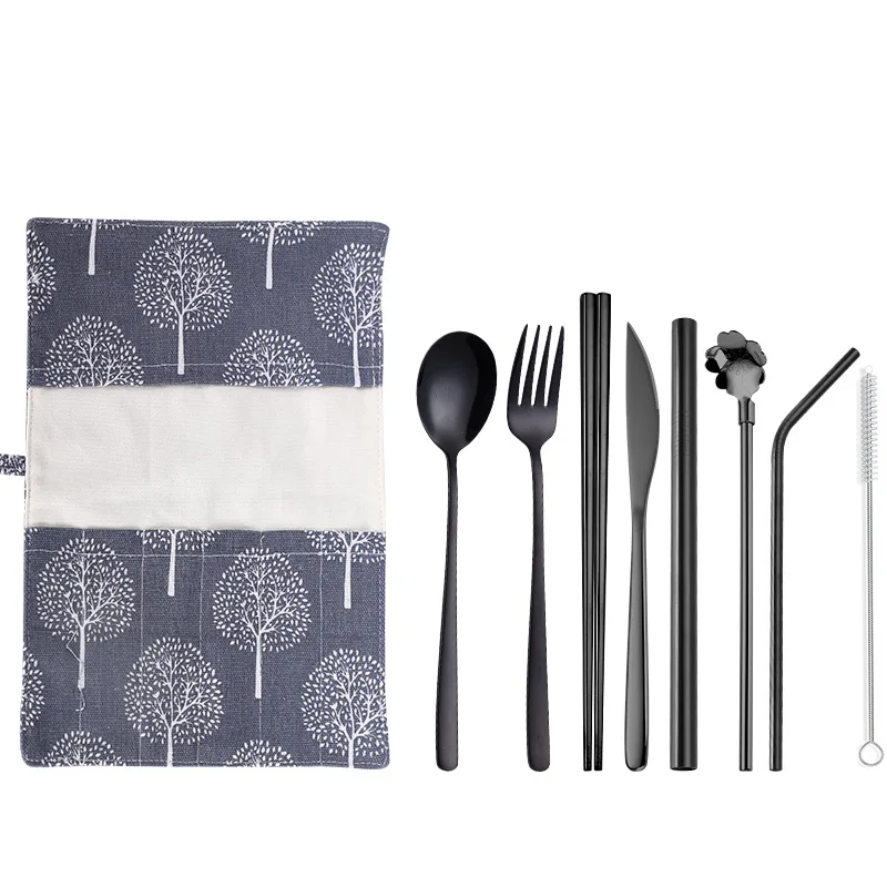 black 9pcs set2 Портативный набор Dinneware 304 нож из нержавеющей стали набор ложек и вилок палочки для еды набор серебряных изделий радужные дорожные столовые приборы с мешочком - Цвет: black 9pcs set2