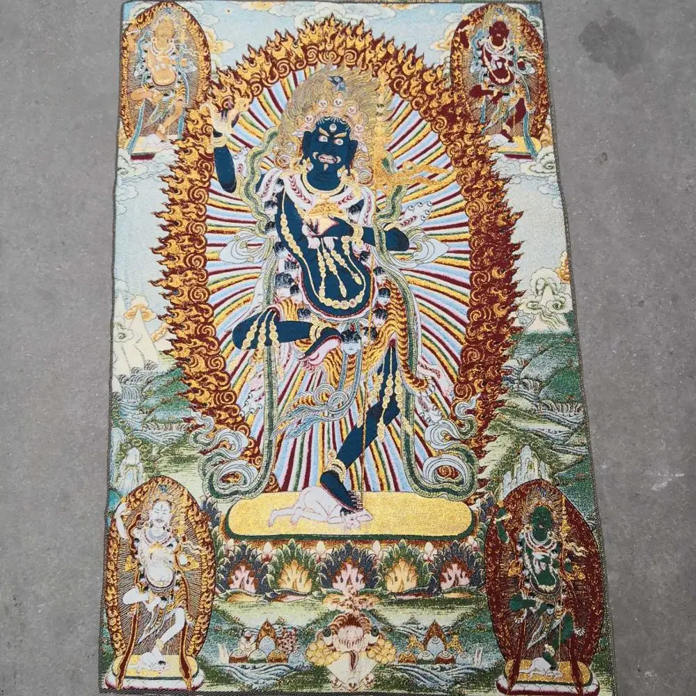 

35"Thangka Embroidery Tibetan Buddhism silk embroidery brocade Nepal Horse head statue Happy Buddha Thangkas