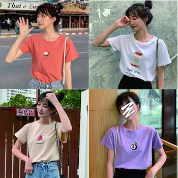 

Tshirt Women Casual Fashion Round Neck Fruit Print Short Sleeve Loose Pullover Ladies Tshirt