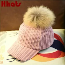Теплая Вельветовая бейсболка с помпоном из натурального меха енота, однотонная женская зимняя бейсболка, меховая шапка с помпоном, женская кепка