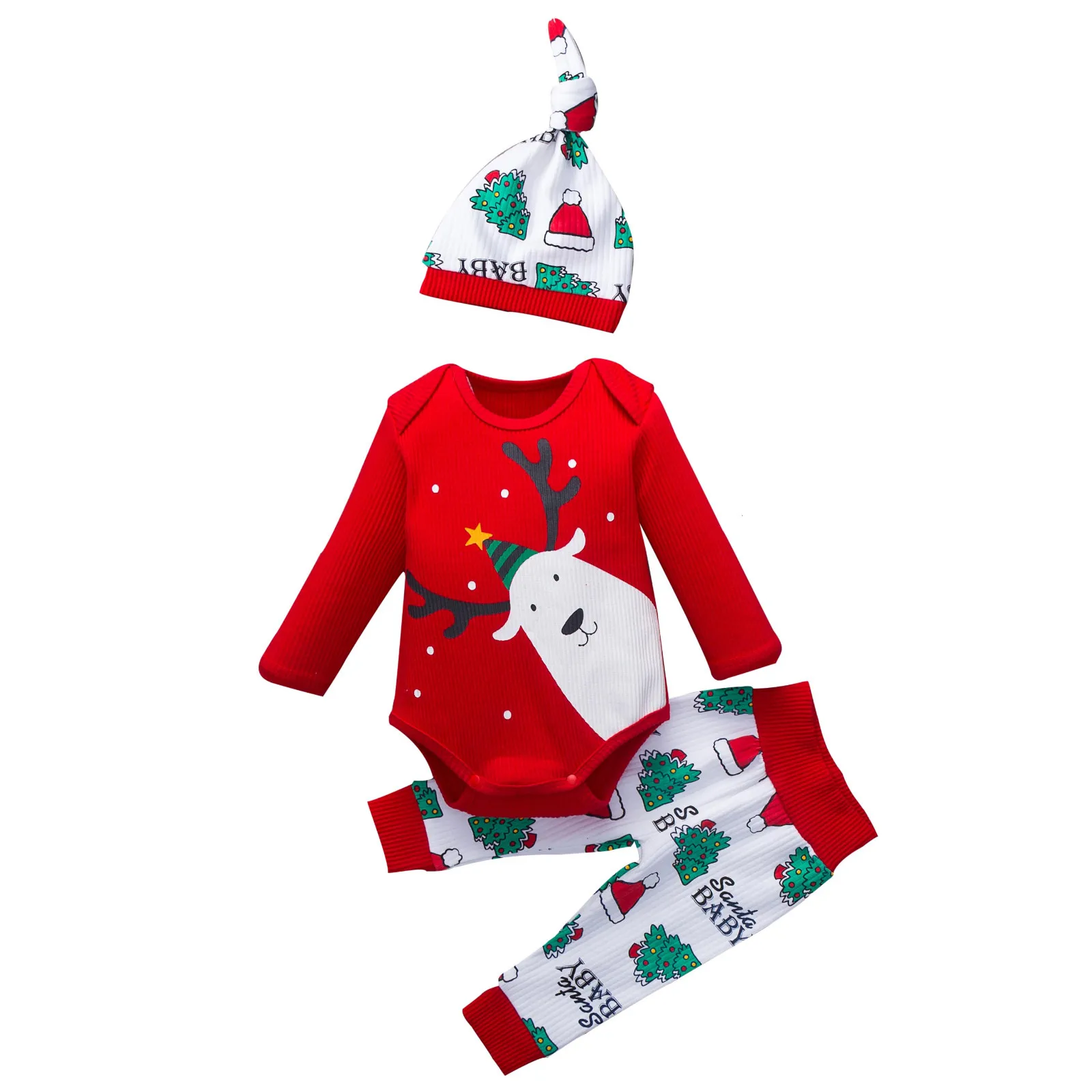 С надписью My First Christmas, для младенцев, для маленьких мальчиков Штаны для девочек с рождественским изображением Рождественский принт комбинезон боди; штаны Шапки комплекты; богемный комплект, roupa infantil menino - Цвет: Red