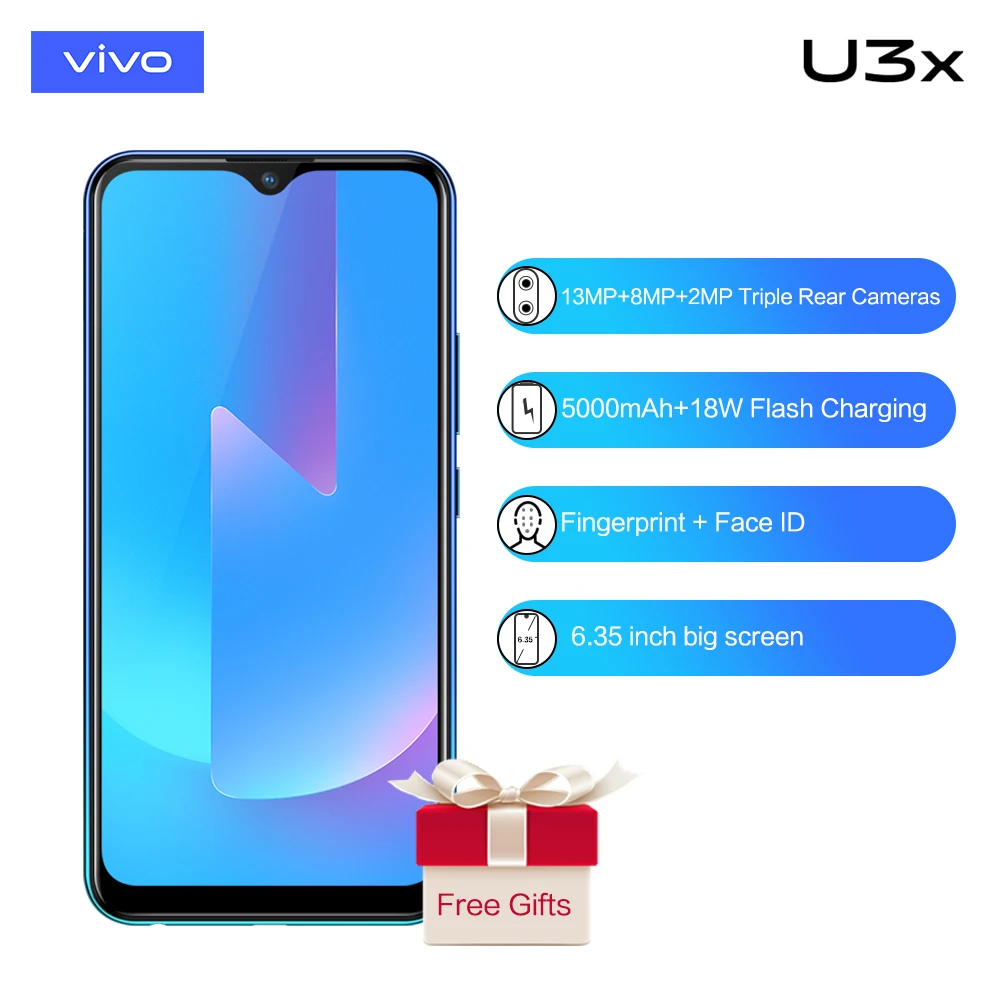 Профессиональный смартфон Vivo U3x Celular Andriord Octa Core 5000mAh Big Battey 18W Dash с 3 тыловыми камерами 3GB 32GB 6,35''