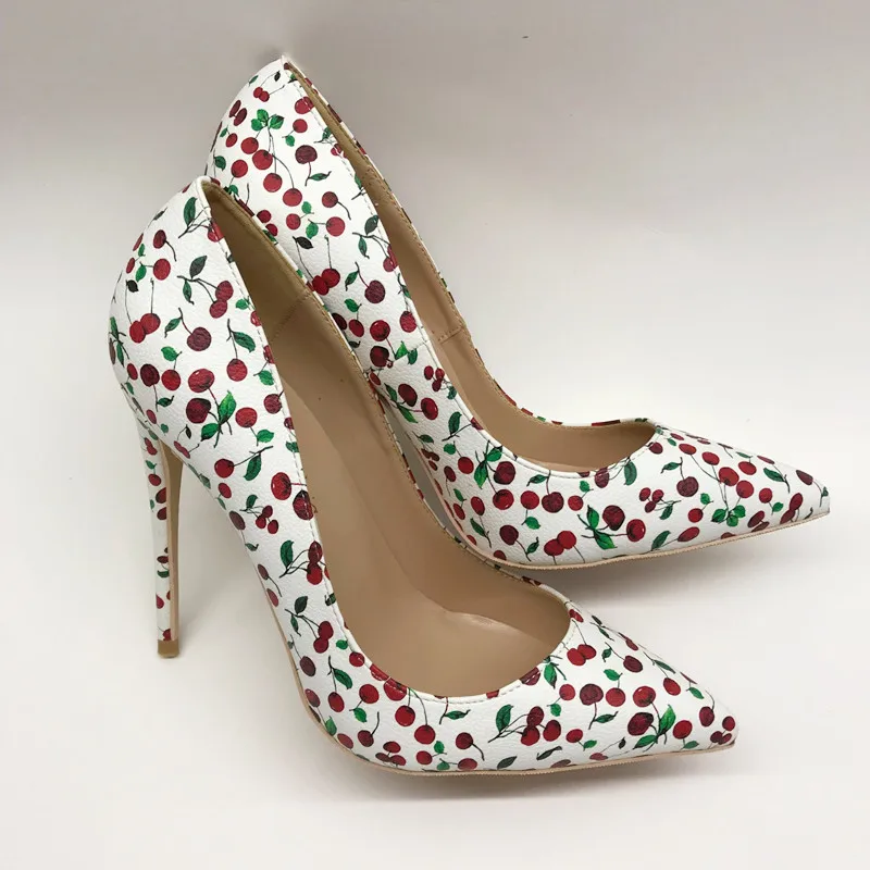 Zapatos de tacón alto con patrón de cereza blanca, calzado Sexy de estilo  Hada, talla grande, Stileto, fiesta, boda, 12cm|Zapatos de tacón de mujer|  - AliExpress