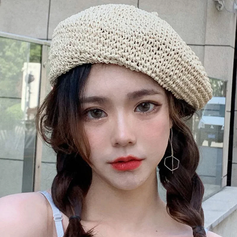 Handmade Vintage Wind Grass Beret Breathable Painter Hat Japanese Straw Hat Female Summer Pumpkin Hat Beret