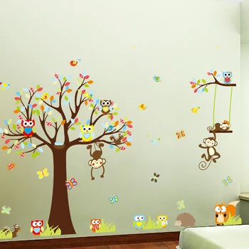 

Cartoon Animals Forest Monkey Owls Tree Wall Sticker For Kids Rooms Decor Removable Wall Sticker Deca Mural Bedroom Decoration