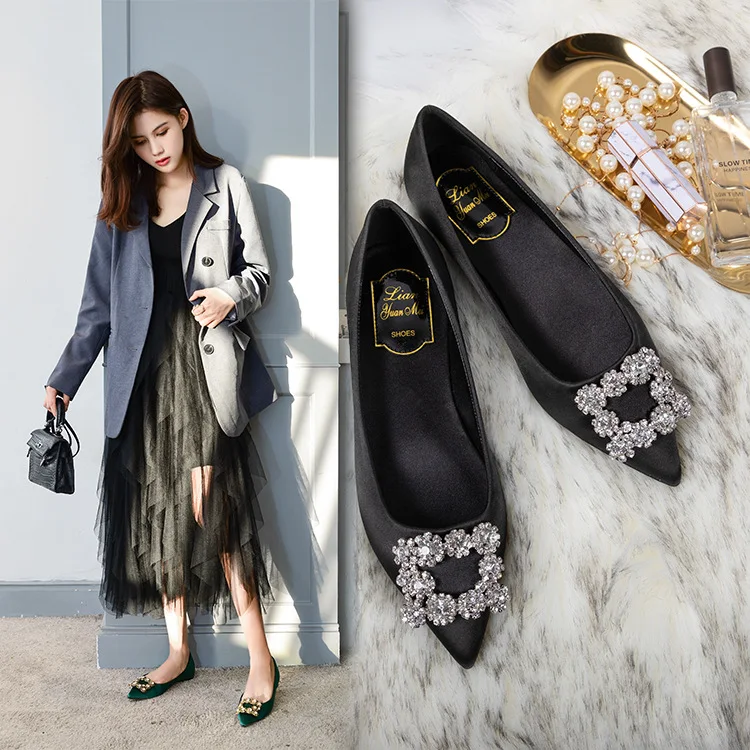 

2020 Spring New Style WOMEN'S Shoes Silk Fabrics Man-made Diamond Square Buckle Flat Pointed Shallow Mouth Korean-style Fashion