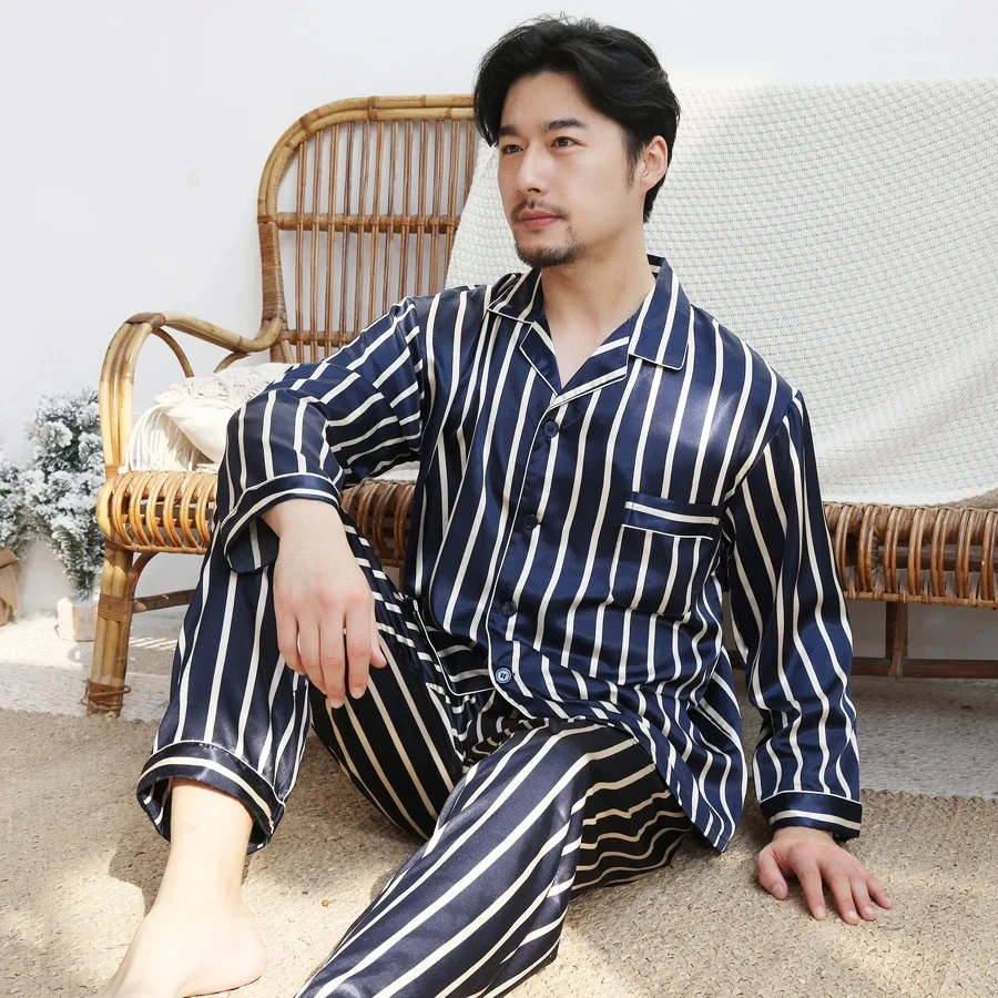Home Clothes for Men Big Size 3XL 5XL 7XL 8X Men Summer Silk Pajama Trousers for Men Spring Stripe Men Nightwear Oversize mens silk pajamas
