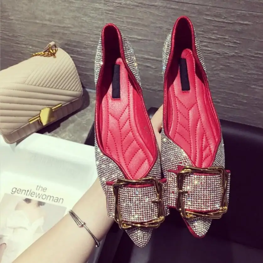 2019 Autumn New Rhinestone Flats Women Single Shoes Pointed Toe Shallow Out Square Buckle Red Black | Обувь