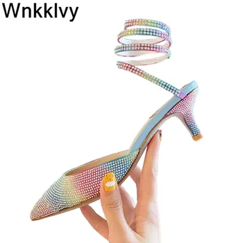 

Pointed Toe sandals for women ankle straps high heels women 2020 patchwork rainbow glittery bling bling crystal fairy pumps