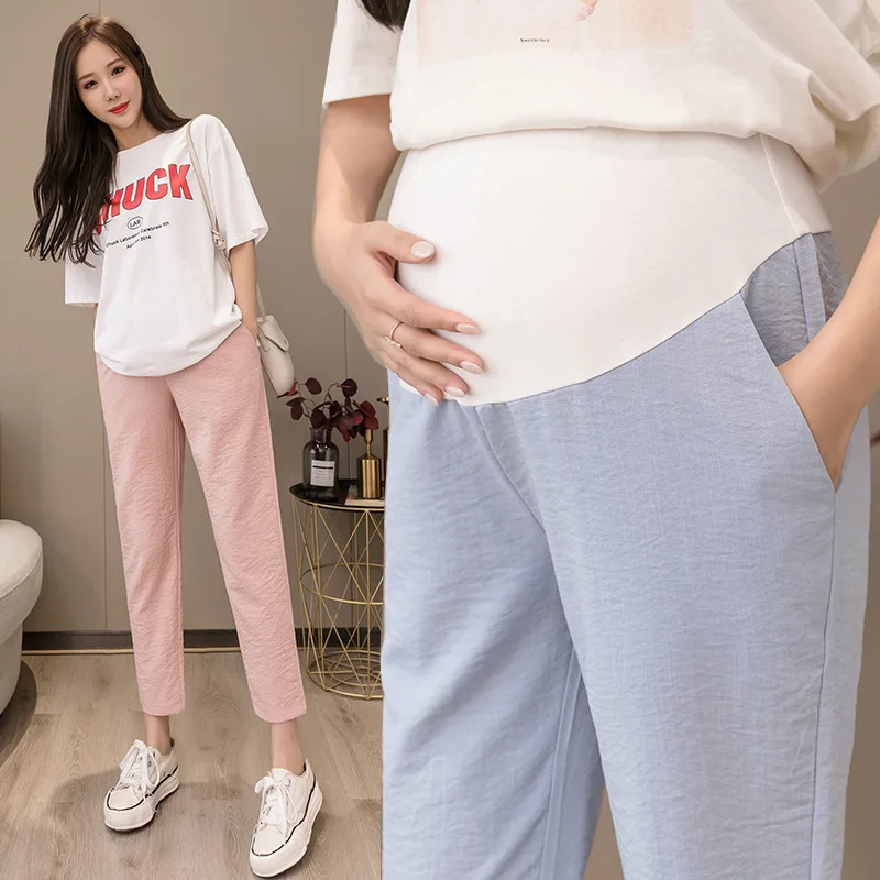 Summer Maternity Cotton Linen Pants Leisure Loose Pregnant Women Clothes High Elastic Waist Pregnancy Trousers Black Pink Blue