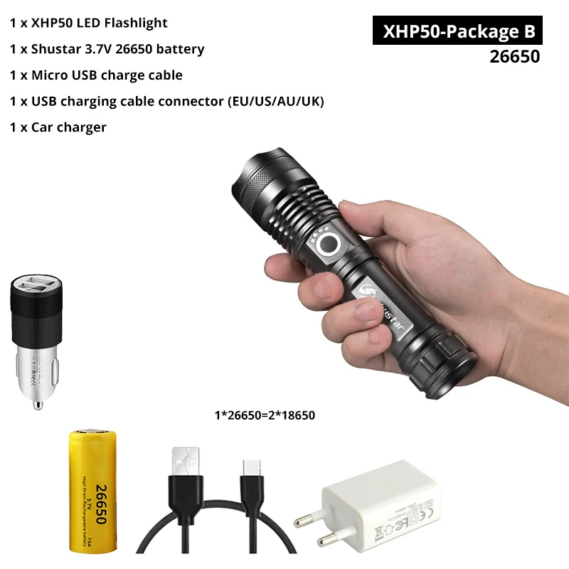 XHP50-26650-B Супер яркий Мощный светодиодный фонарь с XHP 70,2, тактический светодиодный фонарь с бусинами, поддержка зума, 3 режима освещения, портативный фонарь - Испускаемый цвет: XHP50-26650-B