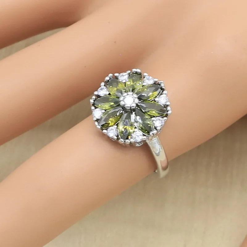 Оливково-зеленый Цирконий 925 стерлингового серебра Ювелирные наборы для женщин браслет серьги подвеска ожерелье кольца подарок для свадьбы дня рождения