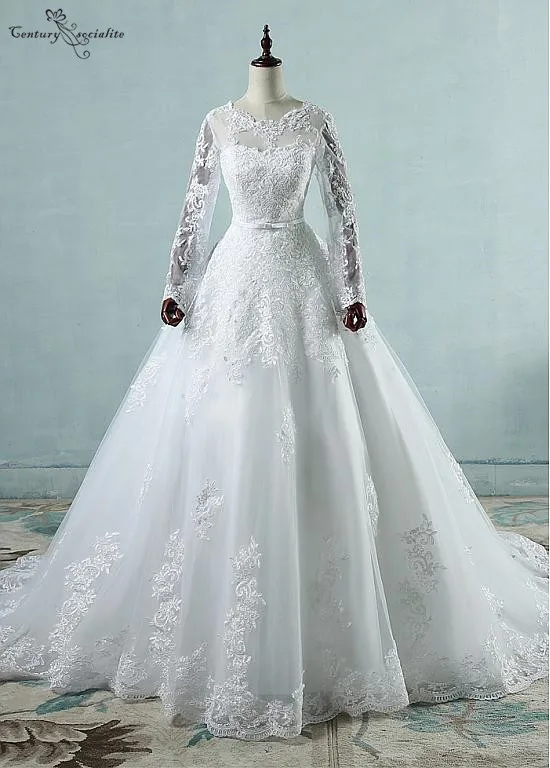 

Ball Gown Long Sleeves Wedding Dresses Lace Appliques Corset Back 2020 Bride Dress Plus Size Bridal Gown Vestido De Noiva