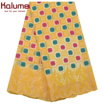 

Kalume African 100% Cotton Lace Fabric Yellow Latest Swiss Voile Lace In Switzerland With Stones For Wedding Dress 5 Yards 1850