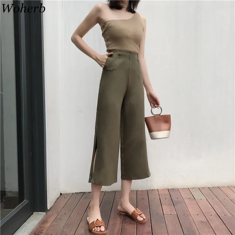 

Woherb High Waist Wide Leg Chiffon Pants Office Lady High Waist Trousers 2020 Women Spring Summer Casual Workwear Pants