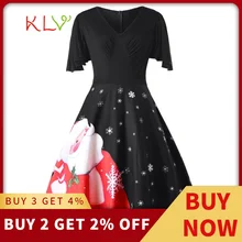 Рождественское платье 5XL Винтажное с v-образным вырезом и принтом снежинки Новогоднее вечернее платье элегантное женское зимнее платье размера плюс 19Sep