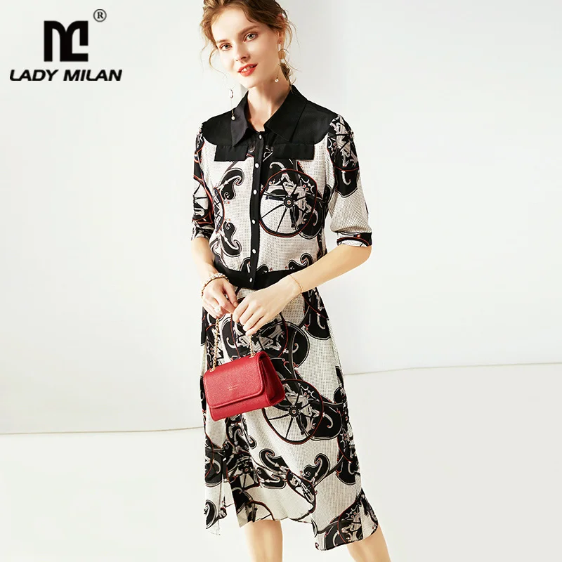 

100% Silk Women's Twinsets Turn Down Collar Short Sleeves Printed Shirts with Floral Skirts Two Piece Sets