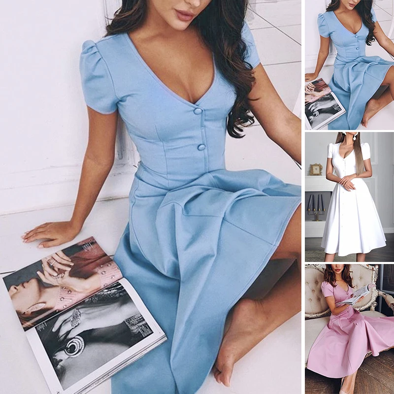 Women\\\'s Plain Dress Summer Casual Pleated Button A-Line Evening Party Wedding