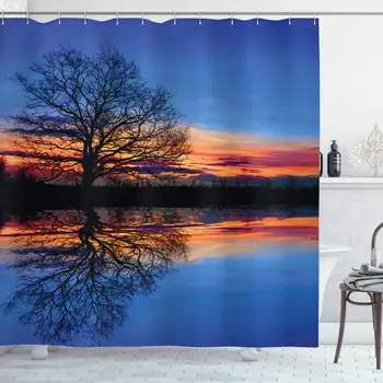 

Panorama Shower Curtain, Tree Against Sunset View at Night with Sky Reflection Over The Lake Print, Cloth Fabric Bathroom Decor