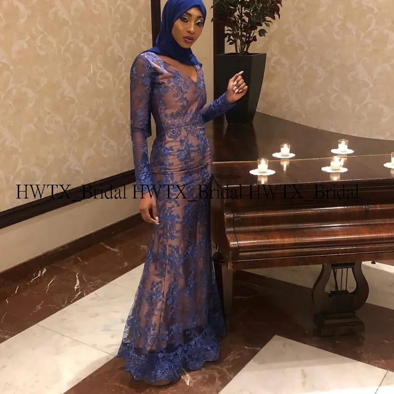 

Blue Lace Muslim Long Evening Dress 2020 New Custom Long Sleeves V-neck Women Formal Party Gowns Vestidos de fiesta de noche