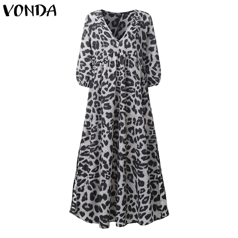 VONDA, женское платье, сексуальное, v-образный вырез, с леопардовым принтом, макси, длинные платья, женские, с высоким разрезом, для вечеринки, Vestidos размера плюс, 5XL - Цвет: Темно-серый