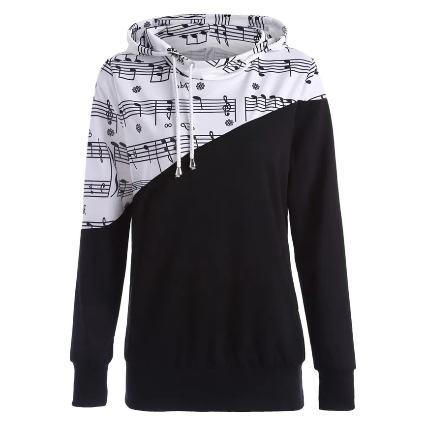 

Women Musical Note Print Patchwork Splice Hooded Harajuku Pullover Sweatshirt Tops Spring Fall Clothes