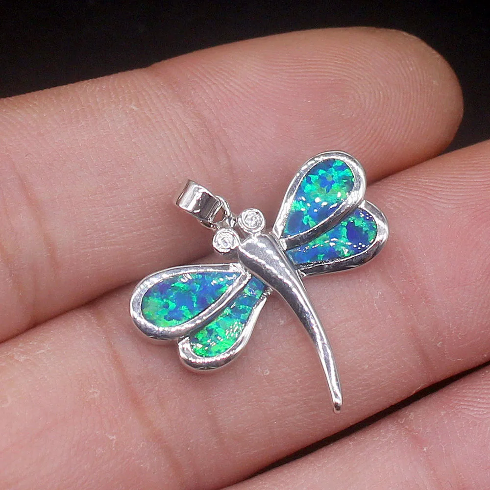 Gemstonefactory Jewelry Big Promotion 925 Silver Natural Blue Opal Dragonfly Shape Women Ladies Gifts Necklace Pendant 20214525