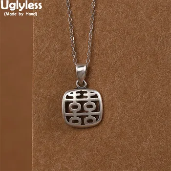 

Uglyless China Ethnic Double XI Pendant for Women Hollow Happiness Gifts Jewelry Real 925 Silver Square Hollow Necklace NO Chain