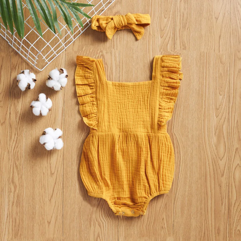 vintage Baby Bodysuits Summer Newborn Infant Baby Girls Romper + Headband Muslin Sleeveless Baby Rompers Jumpsuits Overalls Fashion Baby Clothing Baby Bodysuits expensive