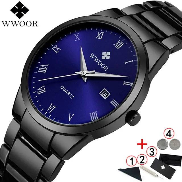 black blue box Мужские часы Топ бренд класса люкс WWOOR золотые синие Бизнес Кварцевые часы мужские водонепроницаемые мужские наручные часы - Цвет: black blue box
