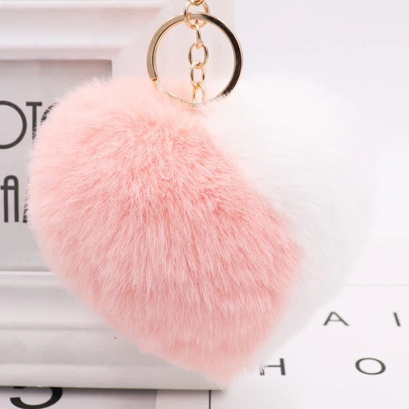

Fluffly Love Heart Keychain Rabbit Fur Ball Pompon Key Ring Women Bag Charm Car Pendant Party Jewelry Key Pendant Gifts Trinket