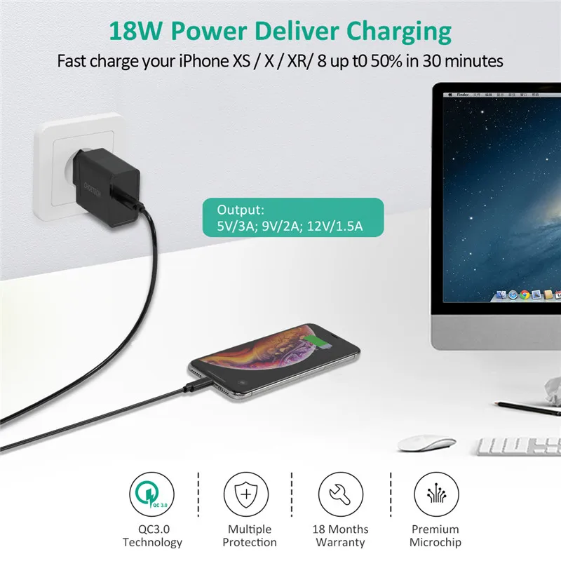 Зарядное устройство CHOETECH USB Type C 18 Вт европейская вилка быстрая зарядка PD