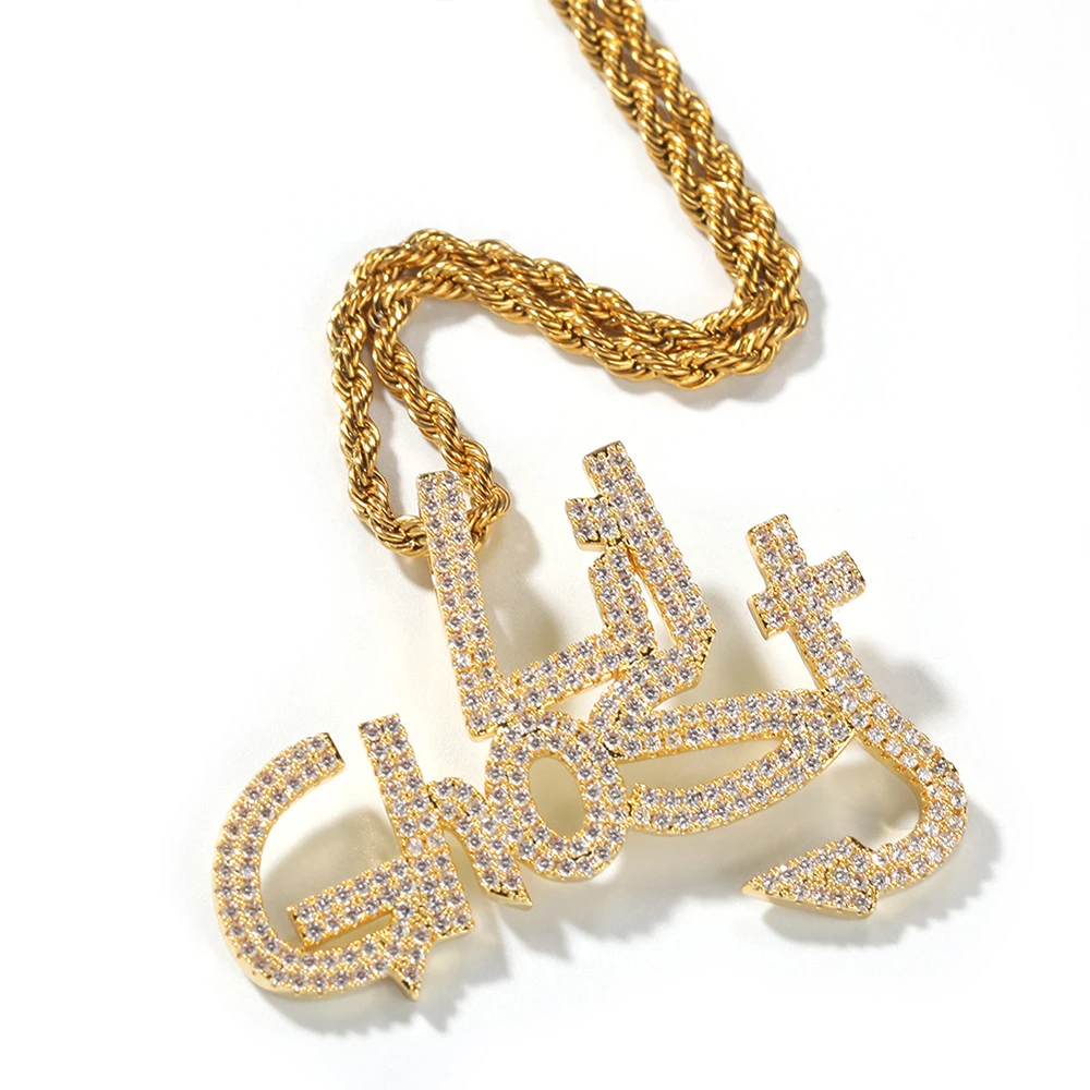 Iced Out Lil Ghost Письмо ожерелья с подвесками для мужчин талисманы кубический циркон хип-хоп ювелирные изделия с золотой серебряной цепочкой из нержавеющей стали