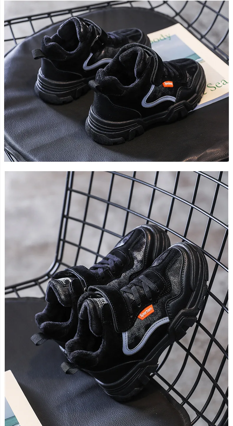 Autumn Boys Sport Shoes Child Basketball Shoes Leather Fashion Running Toddler Shoes Kids Outdoor Short Boots Plush Warm Sneaker