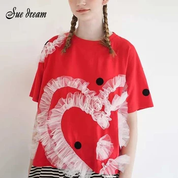 

2020 Summer New Women'S Red White Polka Dot Mesh Yarn Loose Large Size Original Japanese Short-Sleeved T-Shirt