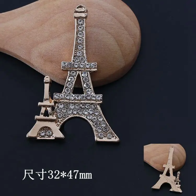 Rhinestone Eiffel Tower Charm Pendants for Flower Center 10pcs Gold Metal Embellishment with Crystal 2pcs Flat Back DIY Buttons