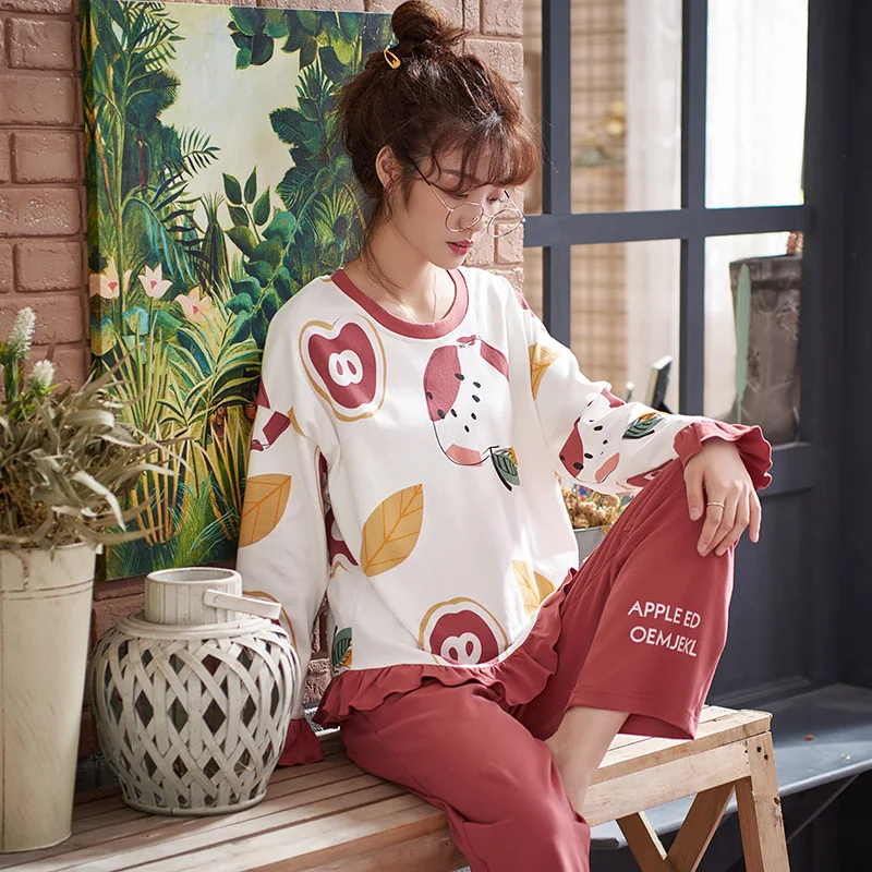 

Spring And Autumn Pajamas Women Long Sleeve Pure Cotton Set Two-Piece Set Students Fashion Thin Korean-style Autumn Tracksuit 4X