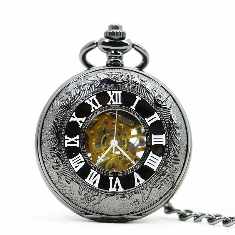 

Three Colors Vintage Skeleton Mechanical Engraved Roman Numerals Pocket Watch With Fob Chain Gifts