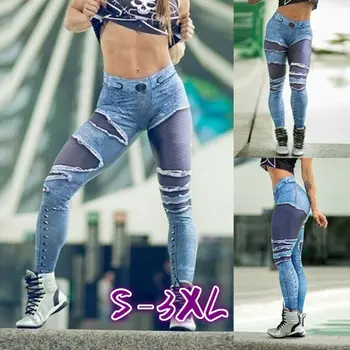 

High Waist Seamless Pants Women Skinny Hole Trouser Denim Jeans Elastic Gym Girl Long Pants Push Up Leggings Plus Size hh88