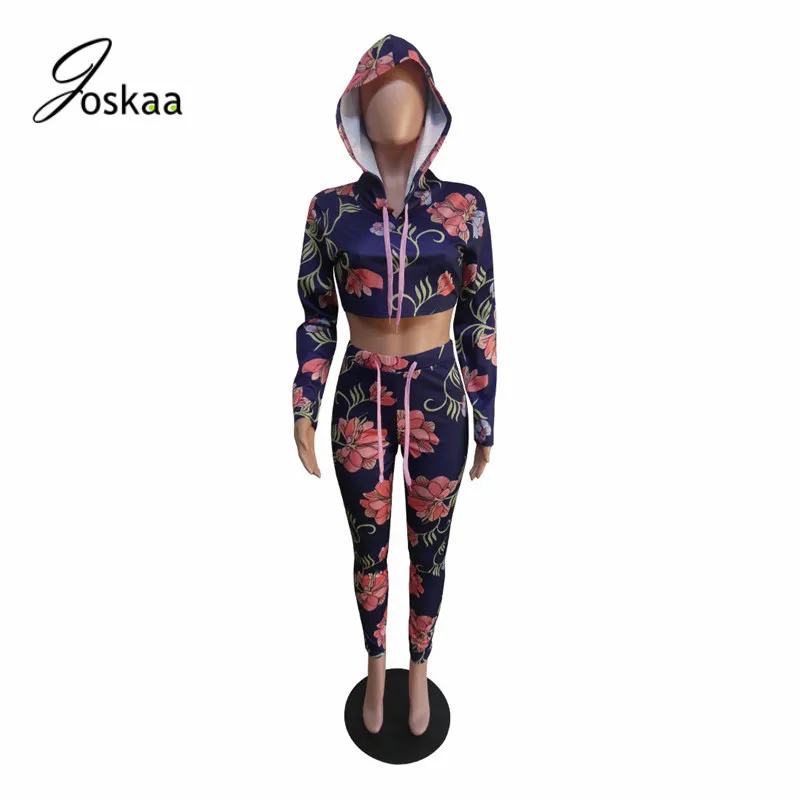 Joskaa Flower Printed Hooded short blouses trousers outfits tracksuits jogger sports sexy casual fall new Women's Two-Piece Set