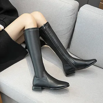 

2020 New Women Knee High Boots Square Toe Zipper Women Cowboy Boots Comfortable Flat with Ladies Fall Winter Boots Black White