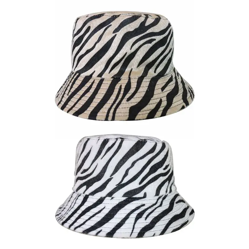 

Unisex Autumn Faux Felt Harajuku Bucket Hat Vintage Zebra Stripe Printing Double Sided Reversible Sunscreen Fisherman Panama Cap