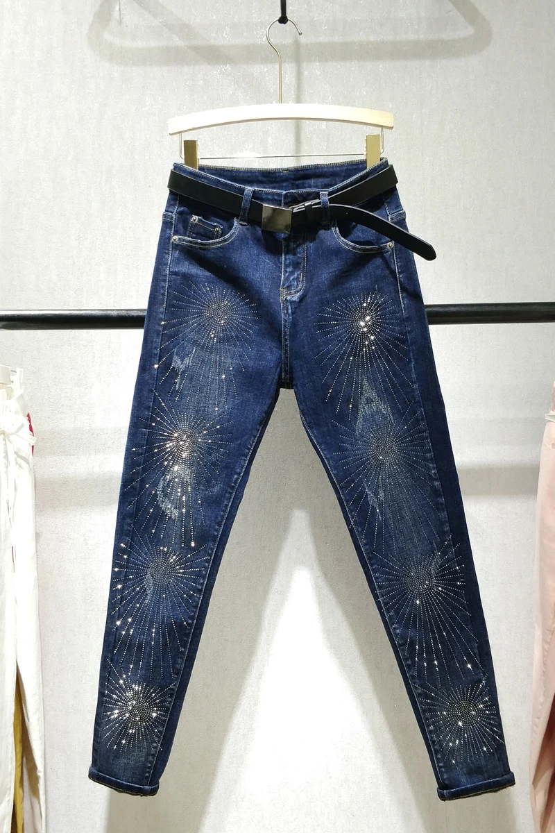 Синий Heavy Industries Drilled Jeans dark blue denim Pants for women New Autumn wear Women's High Waist Slim Pencil Pants trousers - Цвет: Синий
