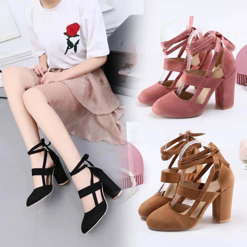 

Summer New Style Chunky-Heel Suede Shoes Women's Hallow Ankle Ring Bandage Cloth Korean-style Sandals Women's High-Heel round-To