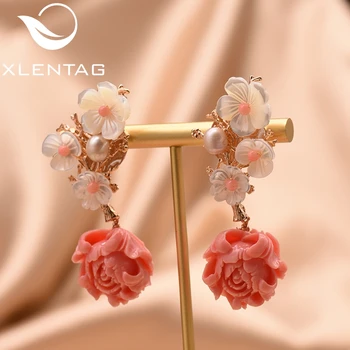 

XlentAg Natural Fresh Water Pearls Pink Coral Dangle Flower Earrings For Girls Lovers Party Luxury Irregular Jewelry GE0024B