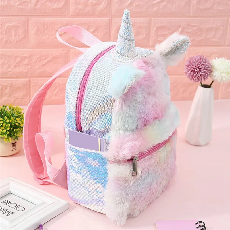Rainbow Unicorn Sequin Backpack Toddler Kids Mini Cute School Bag Silver Gradient Plush fluffy Glitter Bag Baby Girls